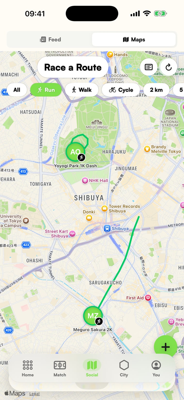 PickUp Play live map of Tokyo showing a Race a Route challenge