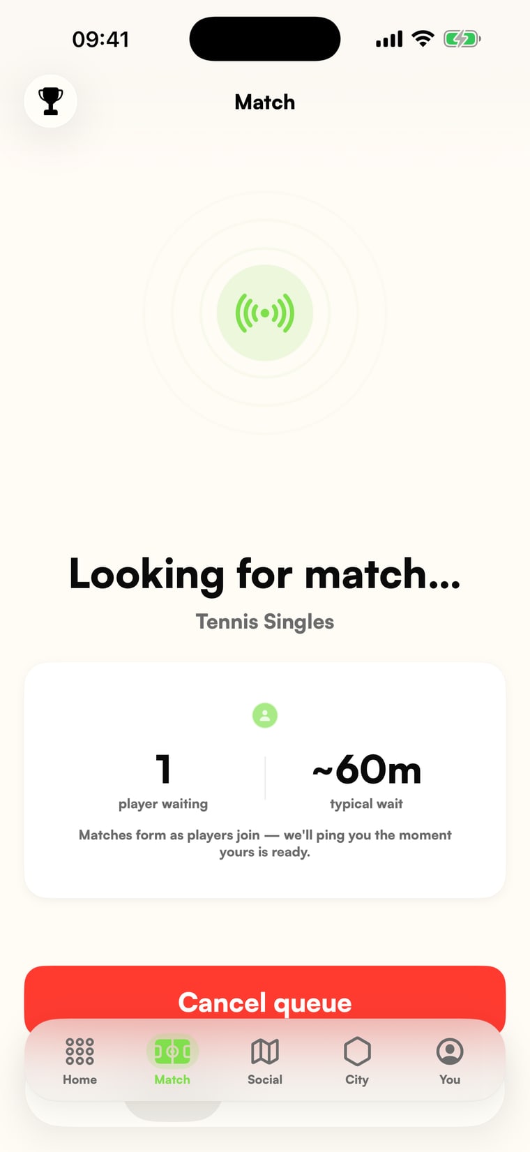 PickUp Play matchmaking queue searching for a tennis match